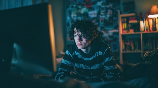 A young person focused on a computer screen in a dimly lit room, engrossed in something