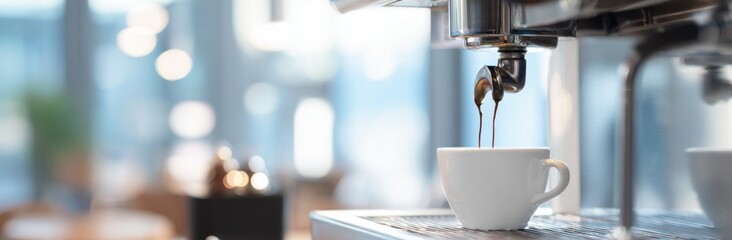 espresso machine pouring coffee into a white cup
