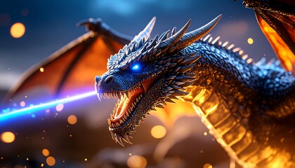 Dragon Breathing Energy Beam Against Dark Sky