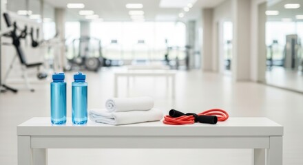 Blue water bottles, white towels, and red jump rope arranged on white bench in modern fitness center. Clean minimal gym interior with workout essentials.