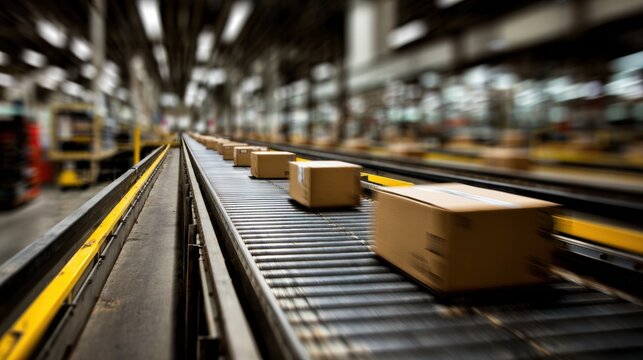Cardboard boxes move along a conveyor belt in a distribution center, symbolizing automated processes. The depth of field highlights a sense of motion, progress, and logistics - Powered by Adobe