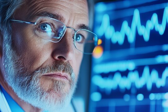Senior man with glasses analyzing data on a digital screen in a modern healthcare environment