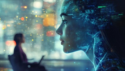 An illustration shows a woman's profile superimposed with a glowing network of data streams, set against a blurred city backdrop at night with another person using a laptop in the background.