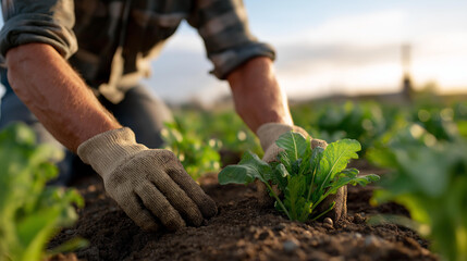 Sustainable farming comes alive when gloved hands harvest vegetables from rich soil, emphasizing organic agriculture, rural traditions, and the human connection to nature. three-quarter wide angle,