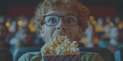 Excited young man enjoying popcorn in a movie theater during a film screening with an engaged audience around him - Low Contrast