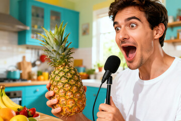 Excited young man holding microphone and pineapple in colorful kitchen pretending to sing in playful and humorous moment