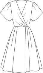 Wrap style V neck dress, fashion CAD sketch, technical flat drawing, vector illustration, garment construction, apparel template, clothing design, elegant women’s outfit