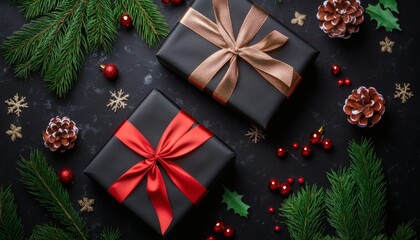 Two black gift boxes with contrasting red and gold ribbons are arranged with pine branches, pine cones, holly, red ornaments, and gold snowflakes on a dark surface.