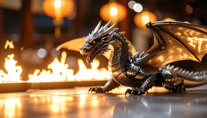 Dragon Figure Surrounded by Fire with Glowing Lanterns in the Background