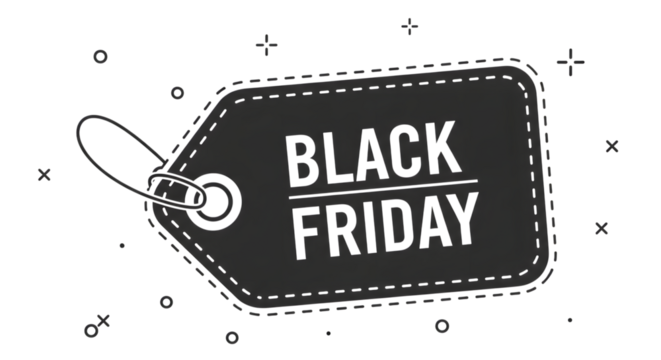 Black friday sale tag with text isolated on transparent background, representing shopping and discounts