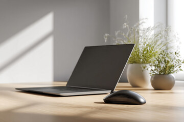 Laptop setup on a desk with natural light and plants