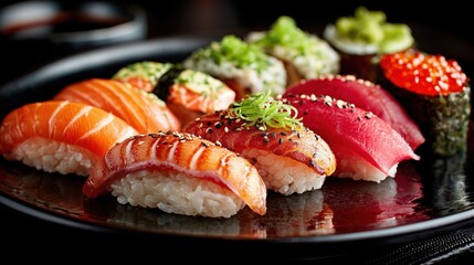 Assorted sushi nigiri with salmon, tuna, and roe on black plate