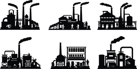 Obraz premium Industrial factory silhouettes, manufacturing plant vector, technical flat drawing, black building icons