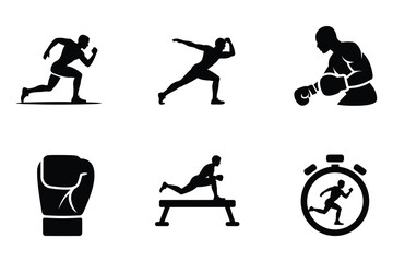 Diverse sports icons featuring running boxing weightlifting and stopwatch silhouettes