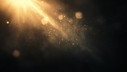 A digital illustration shows a dark background with golden light rays and particles floating around, creating a sparkling effect.