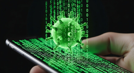 Virus Threat on Smartphone, Digital Landscape, Graphic Perspective, Data Protection Concept