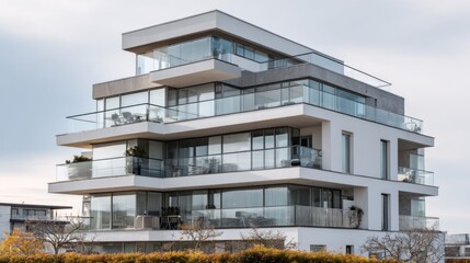Obraz premium Modern apartment building showcases sleek design and large glass balconies in a contemporary urban setting