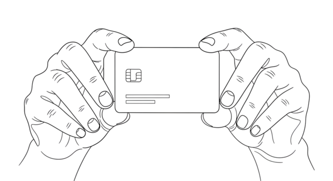 Hands holding a blank credit card with a chip, isolated on transparent background