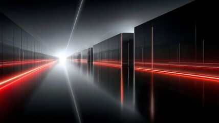 Long, empty hallway with red and black lights illuminating the space. The lights are on, creating a bright