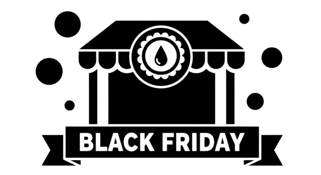 Black friday sale icon with storefront and bubbles, isolated on transparent background