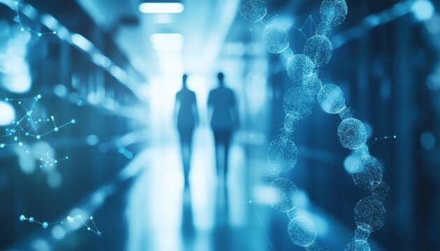 The illustration shows two blurry figures walking down a hallway, overlaid with a stylized cyan DNA double helix and connecting nodes.