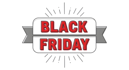 Black friday sale announcement graphic with bold red text and sunburst effect, isolated on transparent background