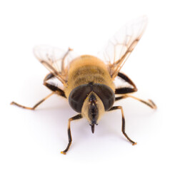 Hoverfly Eristalis tenax front view isolated on white background, bee mimic insect