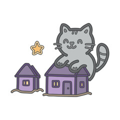 Microworld: cute cat resting on a stack of books with fluffy clouds. Kawaii doodle vector illustration in pastel colors, perfect for posters, stickers, cards, and kids design.