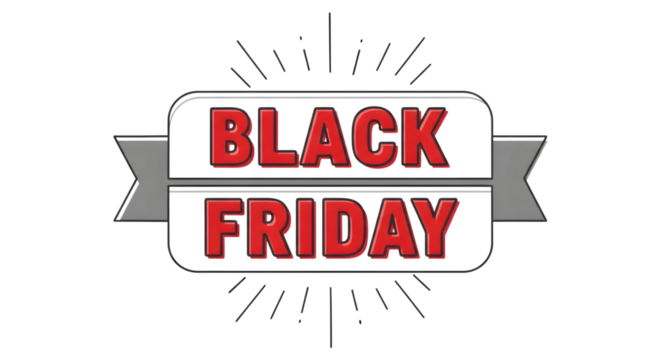 Black friday sale announcement graphic with bold red text and sunburst effect, isolated on transparent background