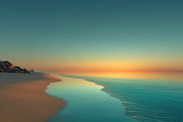 Fototapeta premium A serene beach scene at sunset. The calm ocean reflects the warm colors of the sky. Soft sand stretches along the shoreline, with gentle waves lapping at the beach.
