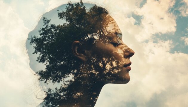 A double exposure image shows a woman's profile with a tree and sky layered onto her features.