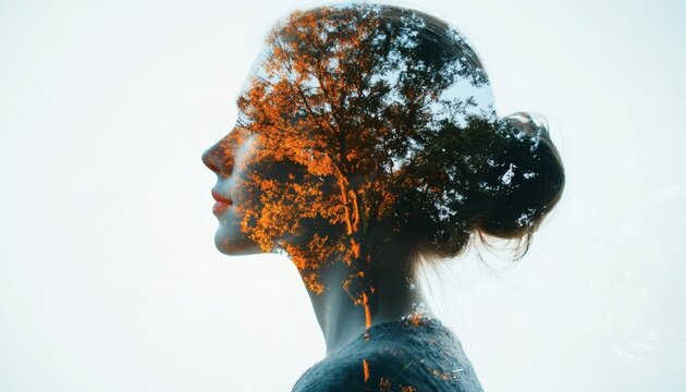 The illustration shows a double exposure image of a woman's profile and an autumn tree, the tree's colors blending with her features. - Powered by Adobe
