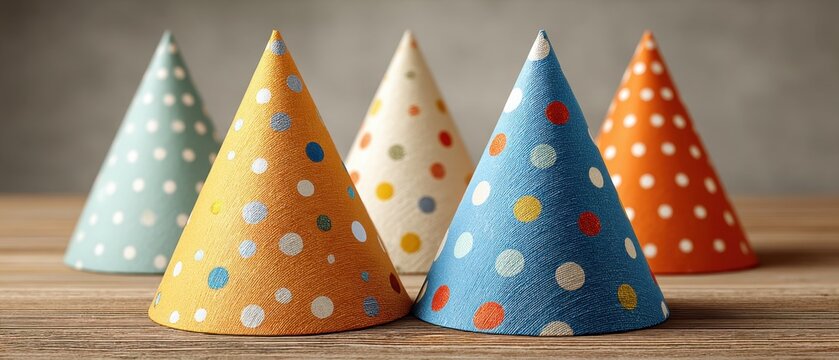 Colorful party hats in various shades and patterns arranged on a wooden surface. The hats feature polka dots and are suitable for celebrations.