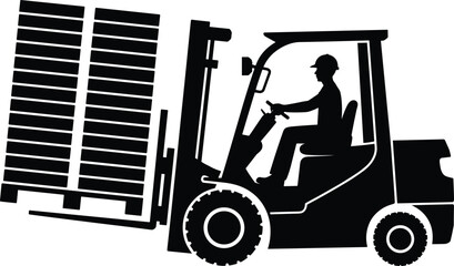 Silhouette of forklift truck with worker driving, carrying loaded pallet, warehouse logistics, material handling, industrial transport, cargo moving, construction equipment illustration