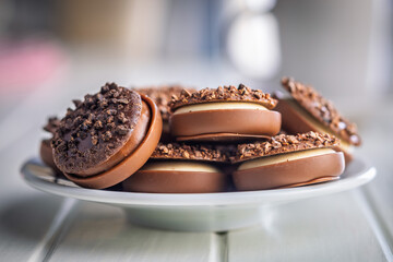 Sweet chocolate pralines. Chocolate candies on plate on white table.
