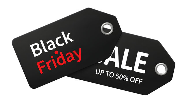 Black friday sale tags with up to 50 off discount, isolated on transparent background