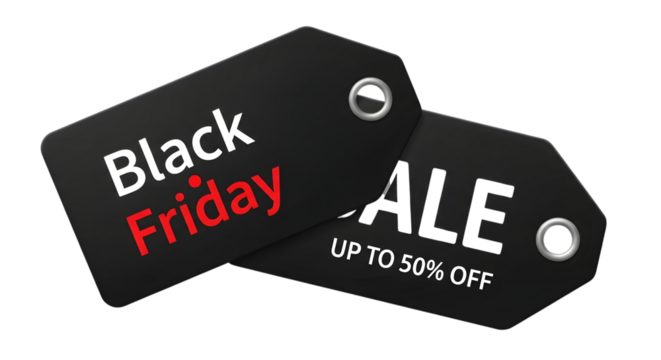 Black friday sale tags with up to 50 off discount, isolated on transparent background - Powered by Adobe