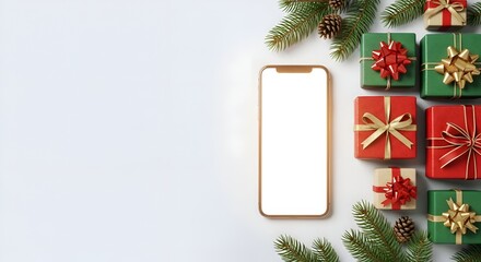 Smartphone with Christmas Gifts and Pine Branches on Flat Lay Background