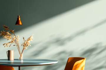 Modern dining area with round blue table, orange chairs, and pendant lamp in a neutral interior. Stylish minimalist home design.