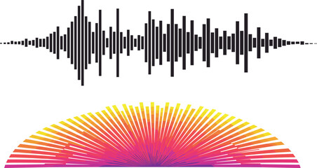 Abstract soundwave and radial burst illustration, audio waveform bars, colorful gradient lines, energy visualization, modern vector design, digital art concept