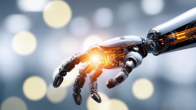A close up of a sleek robotic hand with illuminated circuits and mechanical parts, symbolizing innovation. The background features blurred bokeh lights, enhancing the sci fi atmosphere