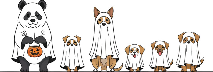 Adorable panda and dogs dressed as ghosts for halloween trick or treating fun