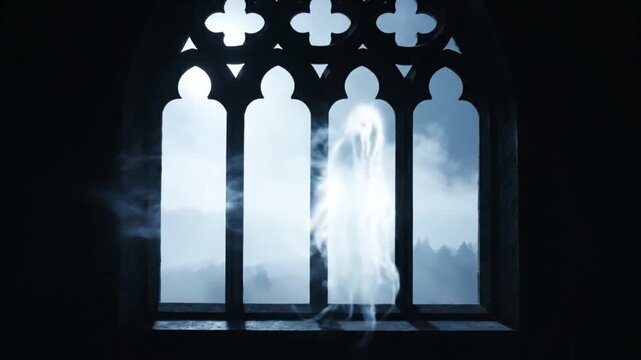 Mysterious Ghostly Apparition Drifting Past a Dark Gothic Window.