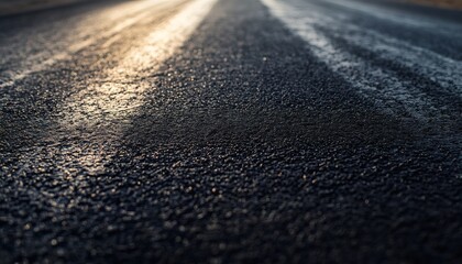 The image shows a detailed view of a dark asphalt road surface, featuring barely visible white lane markings and subtle golden highlights from light reflecting off the wet surface.