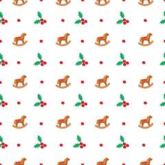 Christmas seamless pattern with holly and toy horses. Cartoon objects on white background. Red berries with green leaves. Festive print on fabric and paper. Vector design for textile,  wallpaper.