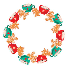 Gingerbread and cocoa with marshmallows frame. Gingerbread man and fir tree, hot drink in a cup. Christmas border of cartoon objects on white background. Green, red, beige colors. Vector  design.