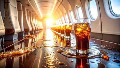 Drinks and Spillage on Airplane Table with Sunny Lighting