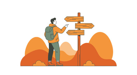 Man with backpack is choosing directions on a wooden signpost during a hiking trip