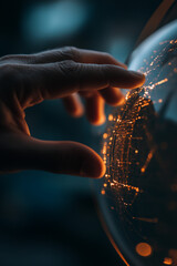 High-quality stock photo of a hand interacting with a digital globe, representing global connection and technology. 