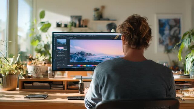 A person edits a colorful landscape photo on a large monitor in a stylish, plant filled home office. The scene highlights creativity, remote work, and modern digital artistry in a bright environment